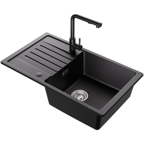Set lavello in granito, lavello da cucina 78 x 45 cm con scolapiatti, lavello in granito di grande capacità, rubinetto da cucina con doccia estraibile, 2 modalità di getto
