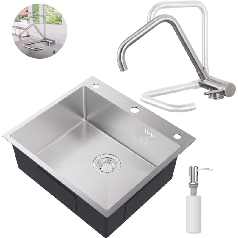 Auralum Max - Set lavello + rubinetto da cucina ribaltabile in acciaio inox, 54 × 49 cm Lavello da incasso con dispenser di sapone, miscelatore