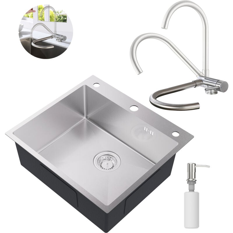 Auralum Max - Set lavello + rubinetto da cucina ribaltabile in acciaio inox, 54 × 49 cm Lavello da incasso con dispenser di sapone, rubinetto