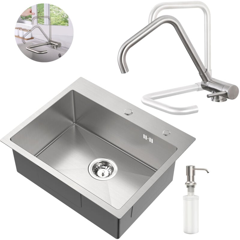 Set lavello + rubinetto da cucina ribaltabile in acciaio inox, 55 × 45 CM Lavello da incasso con dispenser di sapone, rubinetto frontale con