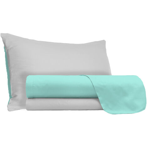 Set Lenzuola 1 Piazza e Mezzo Sopra Sotto e Federe Doubleface Verde Acqua/Grigio Chiaro