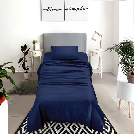 Set Lenzuola 100% Cotone Di Flanella Completo Letto Made In Italy Anti-Pilling Tinta Unita Lenzuolo Sopra Sotto Federe  Blu Scuro - Singolo