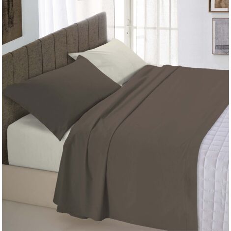 Set Lenzuola Letto Matromoniale Cotone Natural Color, lavorato in Italia - Completo Letto, Lenzuolo Sotto con Angoli, Telo Sopra 90x200cm e Federa con Patella Interna, Marrone/panna