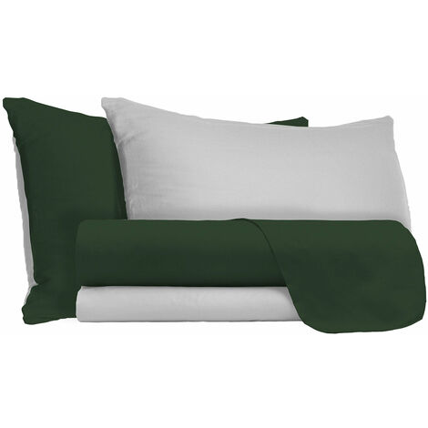 Set Lenzuola Matrimoniale Sopra Sotto e Federe Double Face Verde Oliva/Grigio Chiaro