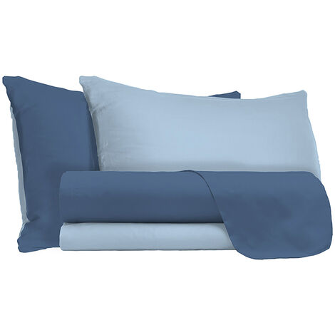 Set Lenzuola Matrimoniale Sopra Sotto e Federe Doubleface Avio/Azzurro