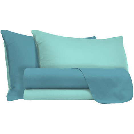 Set Lenzuola Matrimoniale Sopra Sotto e Federe Doubleface Verde Ottanio/Verde Acqua