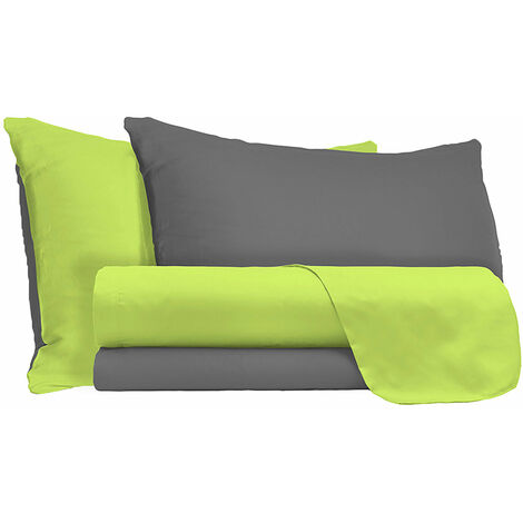 Set Lenzuola Matrimoniale Sopra Sotto e Federein Cotone Verde Acido/Fumo