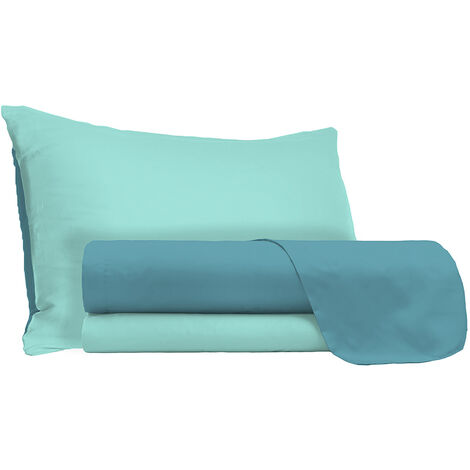 Set Lenzuola Singolo Sopra Sotto e Federe Doubleface Ottanio/Verde Acqua