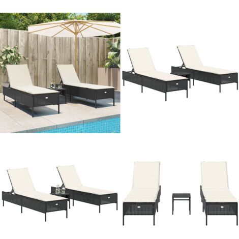 Set Lettini Prendisole con Cuscini 3pz Nero in Polyrattan - Lettini esterni - Cuscini per seduta
