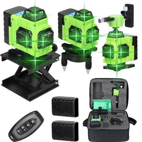 Set livella laser professionale con 16 linee e autolivellamento di 3° - Precisione ±1mm/7m - 360° x 4 - Luce verde - IP54 - 2 batterie - Con telecomando e borsa per il trasporto, verde