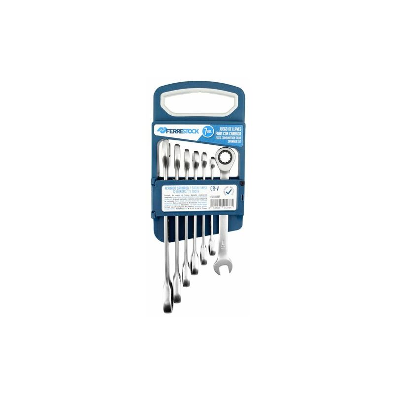 

Ferrestock FSKLLG007 set de 7 llaves fijas con carraca, fabricado en cromo vanadio de alta calidad, acabado satinado, carraca de 72 dientes, incluye