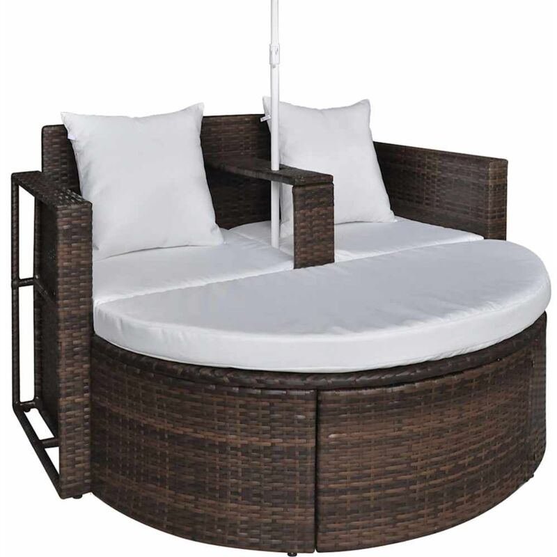 Set lounge da giardino in polirattan con parasole da esterno nero