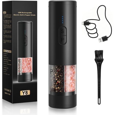 Set Macina Sale e Pepe Elettrico 2 in 1 Ricaricabile Automatico con Luce LED, Macina Regolabile, Grande Capacità, Ideale per Cucina, BBQ (Nero)