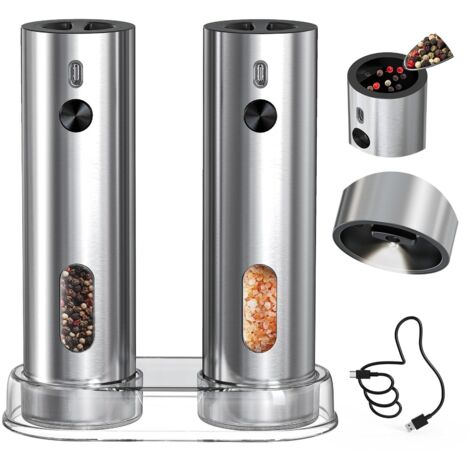 Set macina sale e pepe elettrico ricaricabile con base portaoggetti, granulometria regolabile, capacità 110 ml e luce LED bianca, argento