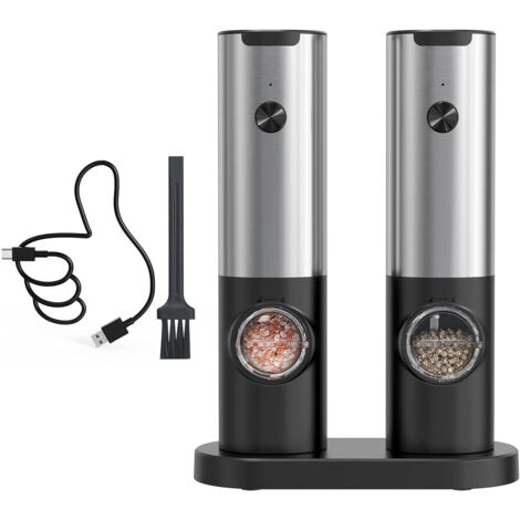 Set macinapepe elettrico, macinasale ricaricabile con doppia base di ricarica, spazzola, luce LED bianca e macinatura regolabile, acciaio inossidabile