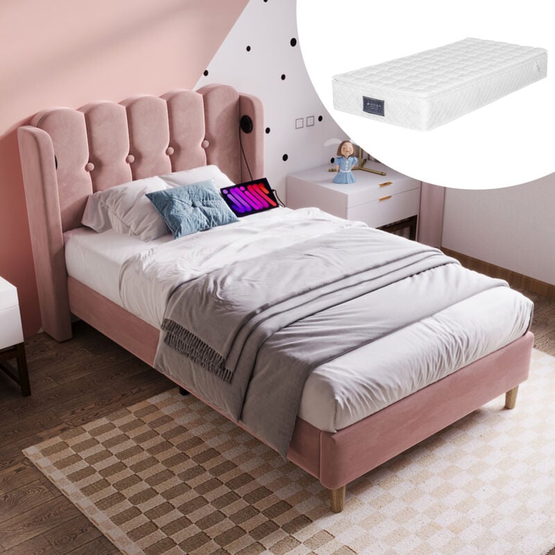 Hommoo - Lit adulte Lit adolescent capitonné 90 x 200 cm avec chargement usb Type c et sommier à lattes, velours, rose, matelas inclus