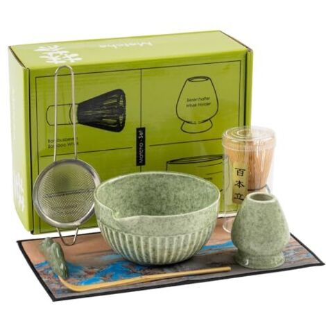 Set Matcha - Bol En Céramique Glacée - Fouet En Bambou - Porte-Fouet - Cuillère À Thé En Bambou - Tamis - Tapis En Tissu - 7 Pièces