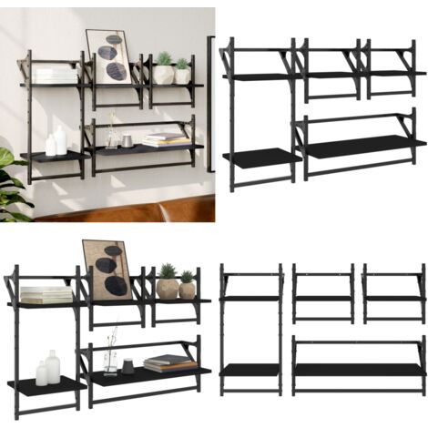 Set Mensole da Parete con Aste 4pz Nero in Legno Multistrato - Scaffale a muro - Mensole in legno