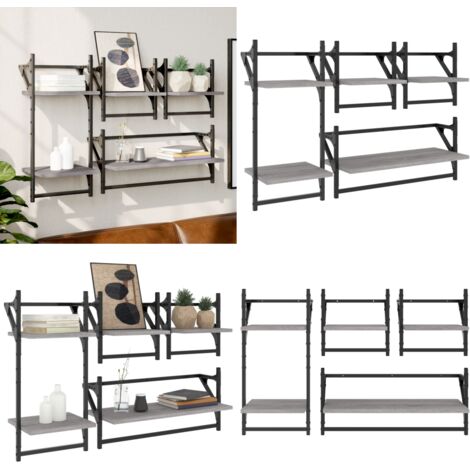 Set Mensole Parete con Aste 4pz Grigio Sonoma Legno Multistrato - Scaffale da parete - Mensole in legno