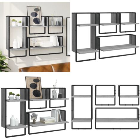 Set Mensole Parete con Aste 4pz Grigio Sonoma Legno Multistrato - Scaffale da parete - Mensole in legno