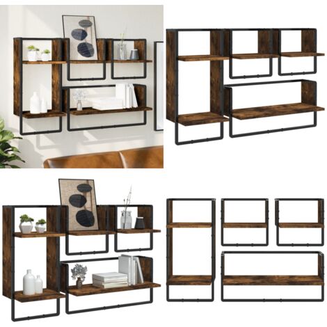 Set Mensole Parete con Aste 4pz Rovere Fumo Legno Multistrato - Scaffale da parete - Mensole in legno