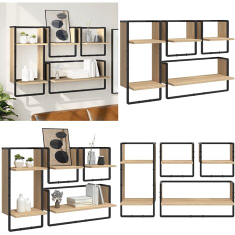 Set Mensole Parete con Aste 4pz Rovere Sonoma Legno Multistrato - Scaffale da parete - Mensole in legno