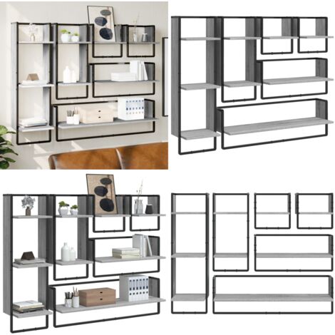 Set Mensole Parete con Aste 6pz Grigio Sonoma Legno Multistrato - Scaffale da parete - Mensole in legno
