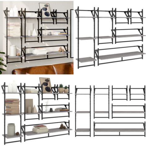 Set Mensole Parete con Aste 6pz Grigio Sonoma Legno Multistrato - Scaffale da parete - Mensole in legno