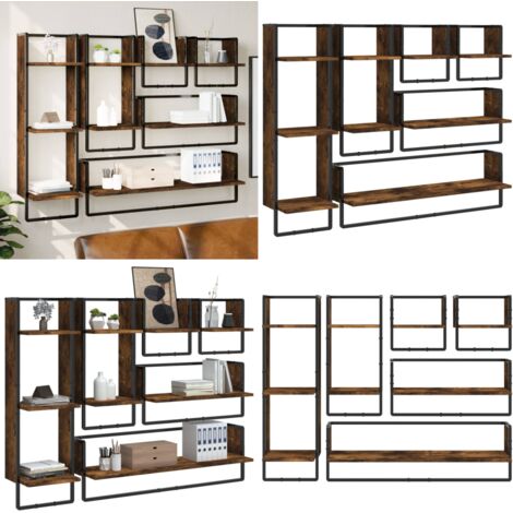 Set Mensole Parete con Aste 6pz Rovere Fumo Legno Multistrato - Scaffale da parete - Mensole in legno
