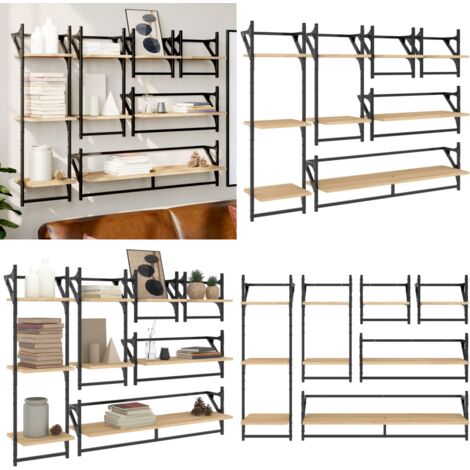 Set Mensole Parete con Aste 6pz Rovere Sonoma Legno Multistrato - Scaffale da parete - Mensole in legno