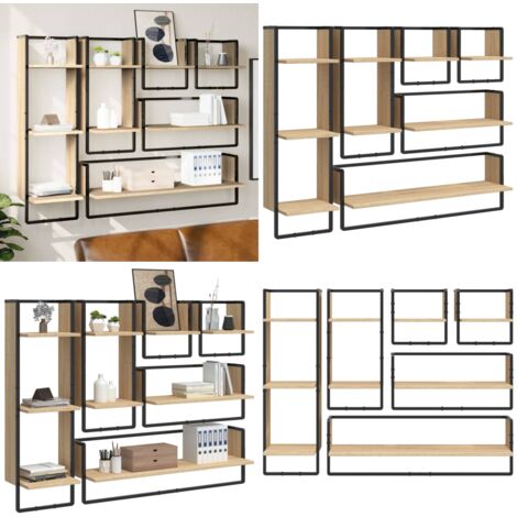 Set Mensole Parete con Aste 6pz Rovere Sonoma Legno Multistrato - Scaffale da parete - Mensole in legno