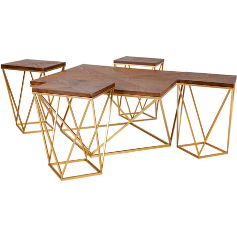 Set mesa de centro y 4 taburetes de metal doradas