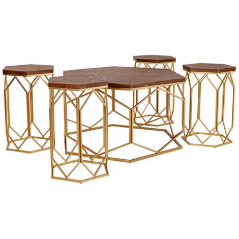 Set mesa de centro y 4 taburetes de metal dorado