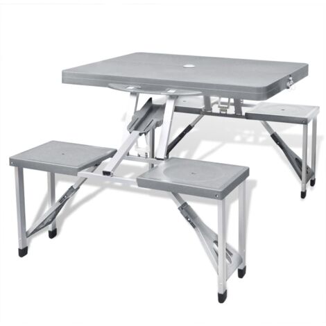 Set mesa plegable de camping y 4 taburetes aluminio gris claro