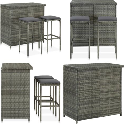 Set mesa y sillas de bar jardín 3 piezas ratán sintético gris - Sillas de bar - Juego de bar