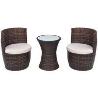 Set mesa y sillas de jardín 3 pzas y cojines poli ratán marrón