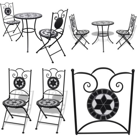 Set mesa y sillas jardín 3 pzas baldosa cerámica blanco y negro - Conjunto de bistro - Muebles de jardín
