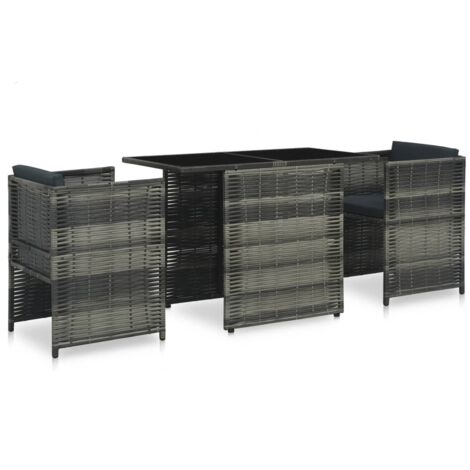 Set mesa y sillas jardín 3 pzas y cojines ratán sintético gris