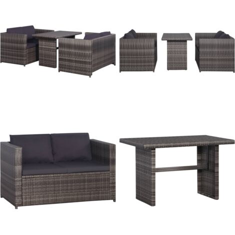 Set mesa y sillas jardín 3 pzas y cojines ratán sintético gris - Ratán sintético - Cojines para sofás