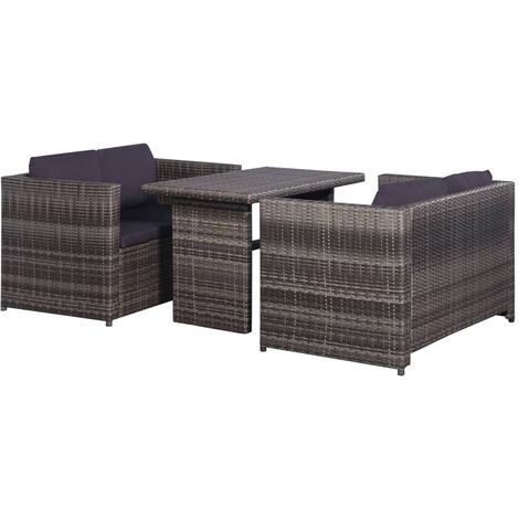 Set mesa y sillas jardín 3 pzas y cojines ratán sintético gris vidaXL
