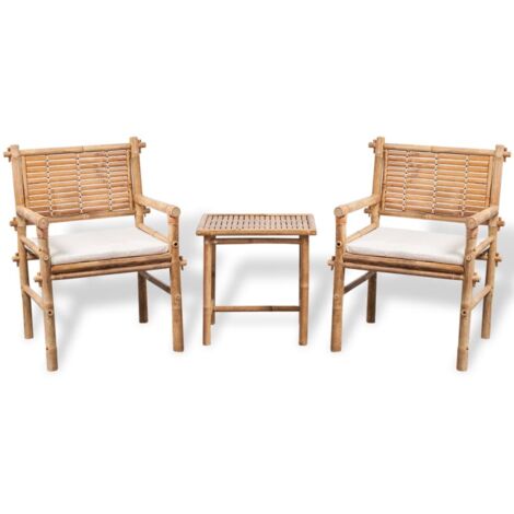 Set mesa y sillas terraza 3 pzas con cojines bambú