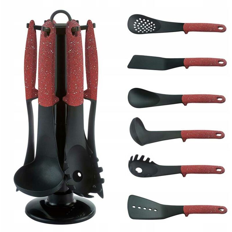 Set Mestoli da Cucina 7 Pz Resistenti al Calore Antiaderenti Colore Bordeaux