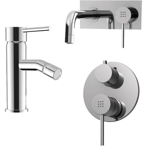 Set Miscelatori con Lavabo ad Incasso e Bidet senza Scarico ed Incasso Doccia con Deviatore in Ottone Cromato Mod. Ava