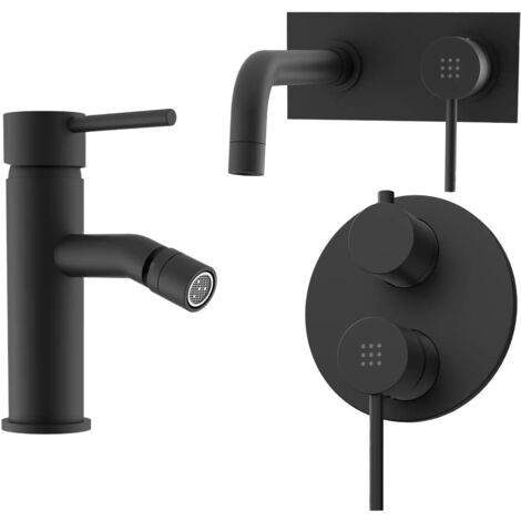 Set Miscelatori con Lavabo ad Incasso e Bidet senza Scarico ed Incasso Doccia con Deviatore in Ottone Nero Opaco Mod. Ava