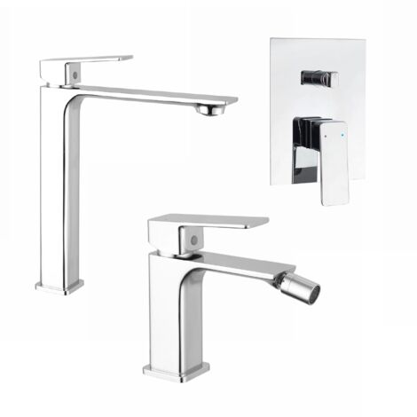 Set Miscelatori con Lavabo Alto, Bidet senza Scarico e Incasso Doccia c/Deviatore in Ottone Cromato Mod. Ingrid