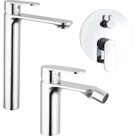 Set Miscelatori con Lavabo Alto Bidet senza Scarico e Incasso Doccia c/Deviatore in Ottone Cromato Mod. Kerry