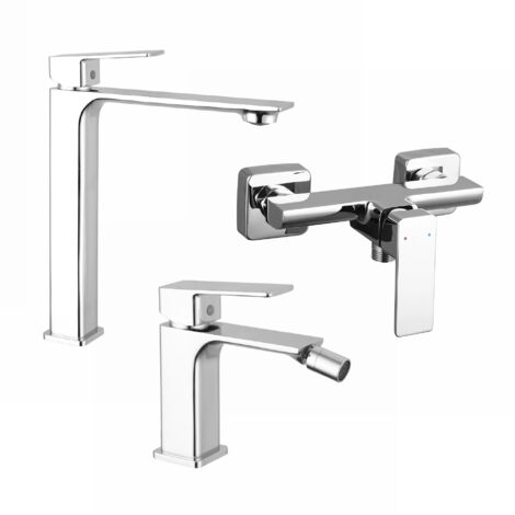 Set Miscelatori con Lavabo Alto, Bidet senza Scarico ed Esterno doccia in Ottone Cromato Mod. Ingrid