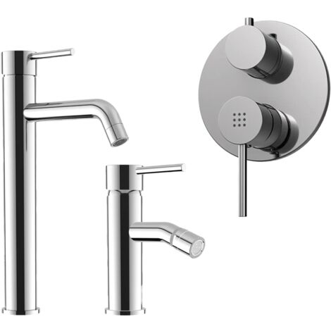 Set Miscelatori con Lavabo Alto e Bidet senza Scarico ed Incasso Doccia con Deviatore in Ottone Cromato Mod. Ava