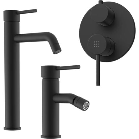 Set Miscelatori con Lavabo Alto e Bidet senza Scarico ed Incasso Doccia con Deviatore in Ottone Nero Opaco Mod. Ava