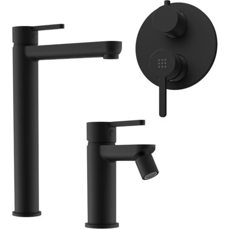 Set Miscelatori con Lavabo Alto e Bidet senza Scarico ed Incasso Doccia con Deviatore in Ottone Nero Opaco Mod. Virna
